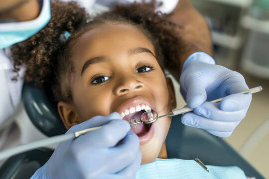 Little african american girl sitting at dental chair with open mouth during oral check up