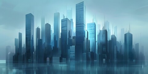 Obraz premium Modern city skyline with tall buildings and blue colors under cloudy sky.