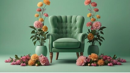  The Perfect Green Armchair for Your Home" Surround the armchair with vibrant, fresh flowers in various colors, creating a lush garden-like atmosphere.