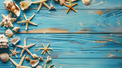 Summer theme with starfish and seashells on blue wooden backdrop
