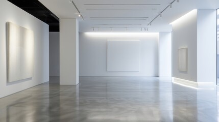 Fototapeta premium Contemporary art gallery with minimalist displays, spotlighting cutting-edge artworks on pristine white walls, and a sleek polished concrete floor
