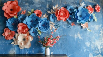 Handcrafted flowers in blue, red, and pastel on the wall