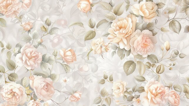 An elegant wallpaper design with intricate floral patterns in soft pastel colors