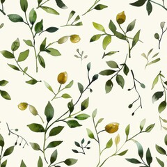 Watercolor green autumn flowers seamless repeating pattern, minimal pattern, high contrasty