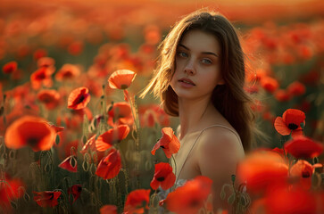Naklejka premium Beautiful young woman in a field of red poppies