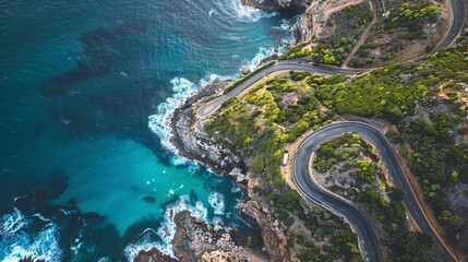An aerial perspective of a winding coastal road, following the curves of a rugged coastline, with turquoise waves crashing against dramatic cliffs and secluded beaches tucked away in coves.