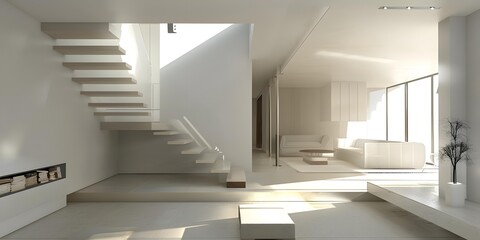 Obraz premium Modern Minimalist Interior Design with Floating Staircase and Sunlight