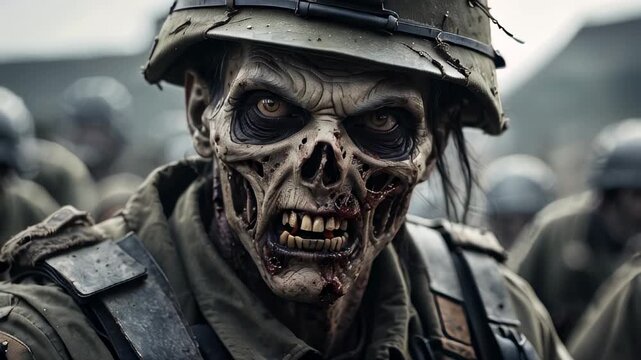 A close-up shot of a zombie soldier's face, horror, imitation, halloween mood