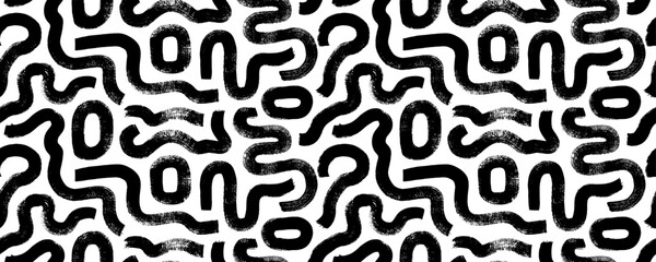 Obraz premium Abstract geometric labyrinth motives seamless pattern. Hand drawn bold curved and squiggle lines, round squares. Abstract geometric texture with thick brush strokes. Vector ink graphic illustration.