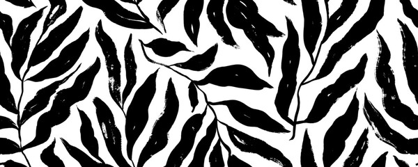 Brush drawn foliage seamless pattern. Silhouette of branches with long leaves. Olives or palm tree branches. © Anastasiia Hevko