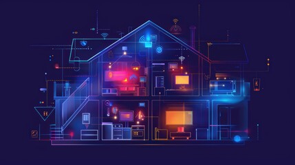 Cross section of a house with smart home connections, wifi stations, icons