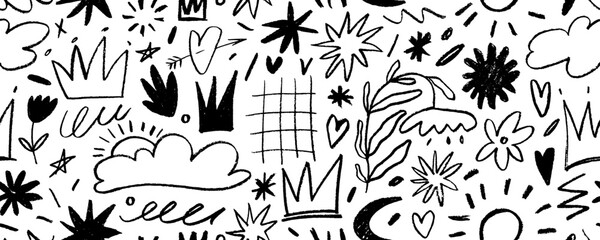 Scribble childish doodle seamless pattern. Crayon or chalk drawings. Hand drawn cute kids doodle background. Pencil flowers, crowns, stars and squiggles. Vector seamless punk pattern.