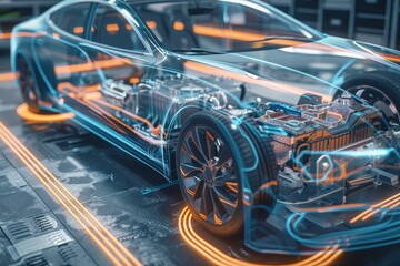 Fototapeta premium Discover the detailed mechanics and advanced technology of a contemporary electric car from a transparent viewpoint, exploring its innovative design and ecofriendly energy features
