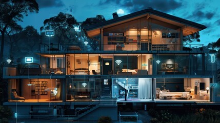 Cross section of a house with smart home connections, wifi stations, icons