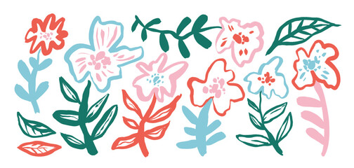 Pastel colored collection of brush drawn naive flowers. Silhouettes of poppy or chamomile stems.
