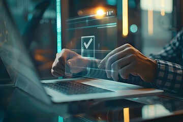 Digital worker using a laptop to fill forms and manage data.