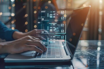 Digital worker using a laptop to fill forms and manage data.