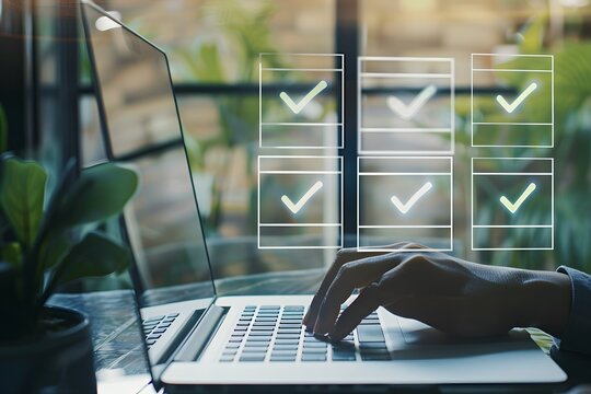 Digital worker using a laptop to fill forms and manage data.