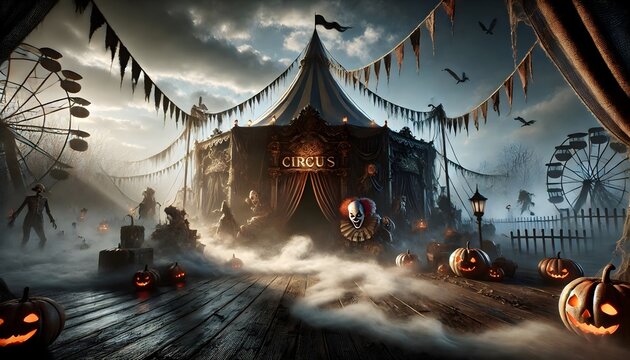 Spooky Halloween Circus Tent with Jack-o'-Lanterns Background, Skeleton, Bats, and Cobwebs in a Foggy Night Setting - Perfect for Halloween Themes