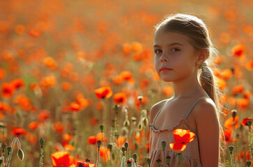 Naklejka premium Portrait of a little girl on a red poppy field
