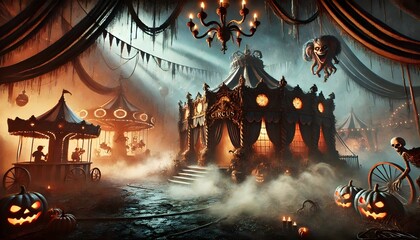 Spooky Halloween Circus Tent with Jack-o'-Lanterns Background, Skeleton, Bats, and Cobwebs in a Foggy Night Setting - Perfect for Halloween Themes