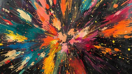 Philosophical Abstract Expressionism Explosive color patterns on a black backdrop