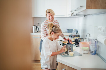 Mother and daughter enjoy cooking session together in modern kitchen sharing togetherness time and bonding over meal preparation. Mother and kid relations and home sweet home concept image.