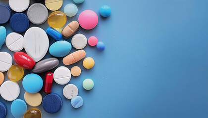 A scattering of colorful pills and capsules in various shapes and sizes on a flat blue surface. Generative AI.