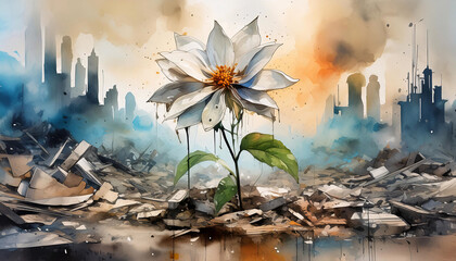 Watercolor of resilient Bloom. A single flower emerges from urban decay under a hazy sunrise. Generative AI.