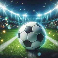 Obraz premium A lone soccer ball rests on a green field with a majestic stadium in the distance. Generative AI.