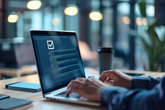 Digital worker using a laptop to fill forms and manage data.