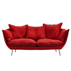 Fototapeta premium Red fabric sofa on brushed metal legs with pillows isolated on transparent background