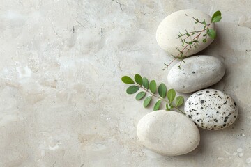 Zen Stone Arrangement with Greenery on a Textured Background.
