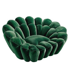 Obraz premium Stylish modern dark green sofa in the shape of a flower Emerald velvet sofa Sofa isolated on transparent background