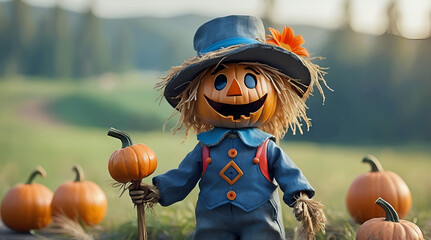 Adorable Halloween Autumn Smiling Scarecrow Doll Standing on Wooden Fence Bokeh Field Pumpkin Background