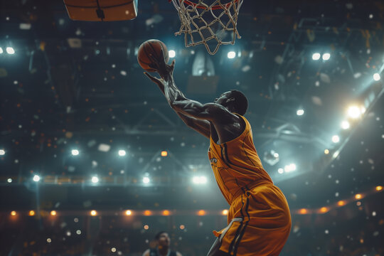 A Basketball Player Soaring Towards The Basket Under Stadium Lights
