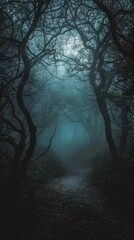 Obraz premium Spooky Foggy Forest Path at Night with Ghostly Figures. Halloween concept