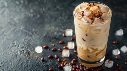 Cold summer drink in a tall glass with cream ice cubes and beans on a dark surface