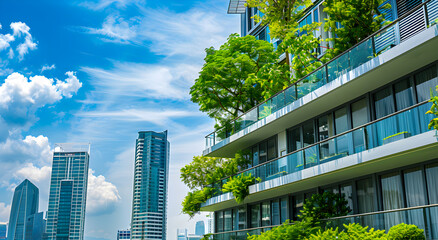 Obraz premium Biomimetic Architecture. Multistory building with trees and bushes on balconies. Eco house.