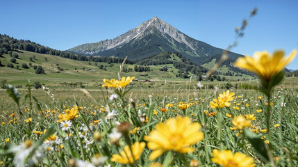 Yellow wildflowers bloom in the foreground with a majestic mountain range in the distance. Green mountains contrast with the sunny sky