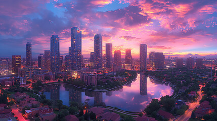 Obraz premium Panoramic City Skyline at Dusk with Iconic Skyscrapers Illuminated