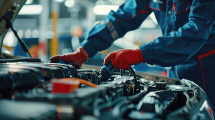 Obraz premium An auto mechanic working on the battery of an electric car, with focus and depth blur effect
