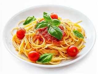 Classic italian pasta penne alla arrabiata with basil and freshly parmesan cheese and cherry tomato sauce. Top view