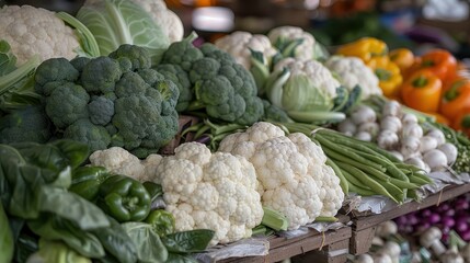 A variety of fresh vegetables including broccoli, cauliflower, cabbage, and bell peppers are neatly displayed on a market stall, ready for purchase.