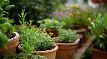 An assortment of potted plants and herbs arranged in a garden setting, accompanied by a variety of blooming flowers, highlighting gardening and nature&rsquo;s beauty.
