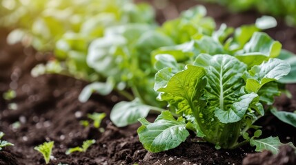 Obraz premium This image shows lettuce plants thriving in rich soil within a garden bed, capturing their fresh, vibrant green leaves under natural light, ideal for home gardening lovers.