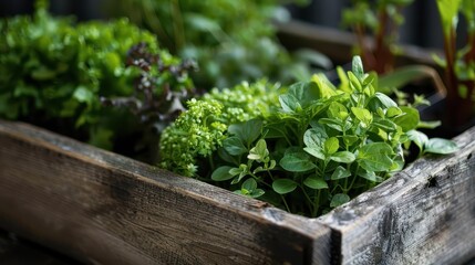 This image captures various herbs growing healthily in a rustic wooden planter box, showcasing a charming assortment of lush green leaves perfect for a home garden setup.