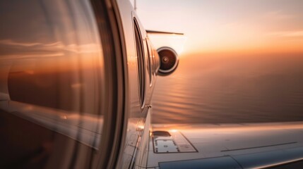 A captivating view from an airplane window showing the serene ocean surface and a beautiful sunset, symbolizing travel and the tranquil beauty of flying above the clouds.