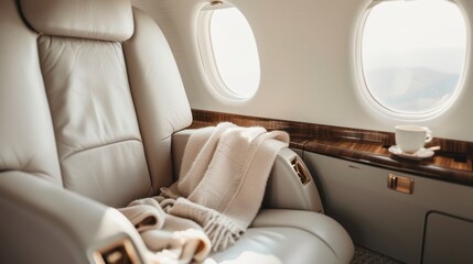A comfortable airplane seat with a cozy blanket and a coffee cup on the side table, emphasizing relaxation, travel comfort, and a premium in-flight experience.