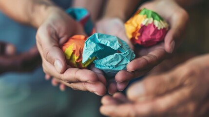 Several hands holding various crumpled colorful paper pieces, representing the process of brainstorming, idea generation, and creativity in a collaborative and vibrant setting.